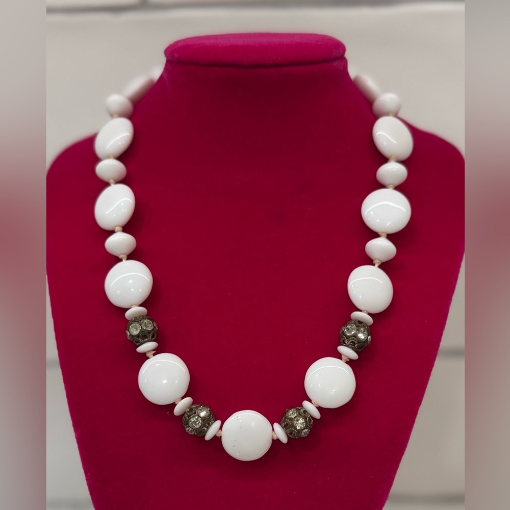 Vintage White Glass Bead Necklace w/ Rhinestone Filigree Beads, Marked “GERMANY”